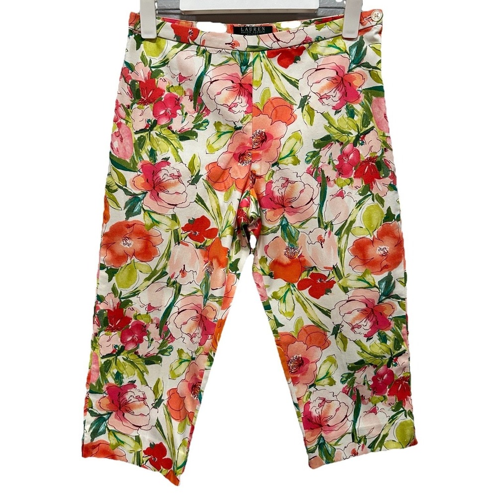 Lauren Ralph Lauren Petite Pink Floral Watercolor Crop Capri Pants 6P Cotton